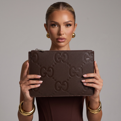 🤎 Gucci Jumbo GG Leather Zip Pouch – Brown