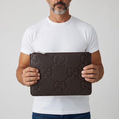 🤎 Gucci Jumbo GG Leather Zip Pouch – Brown