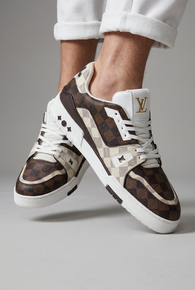 👟✨ Louis Vuitton Damier Low-Top Sneakers – Brown & Cream Luxury Street Style 🤎🤍
