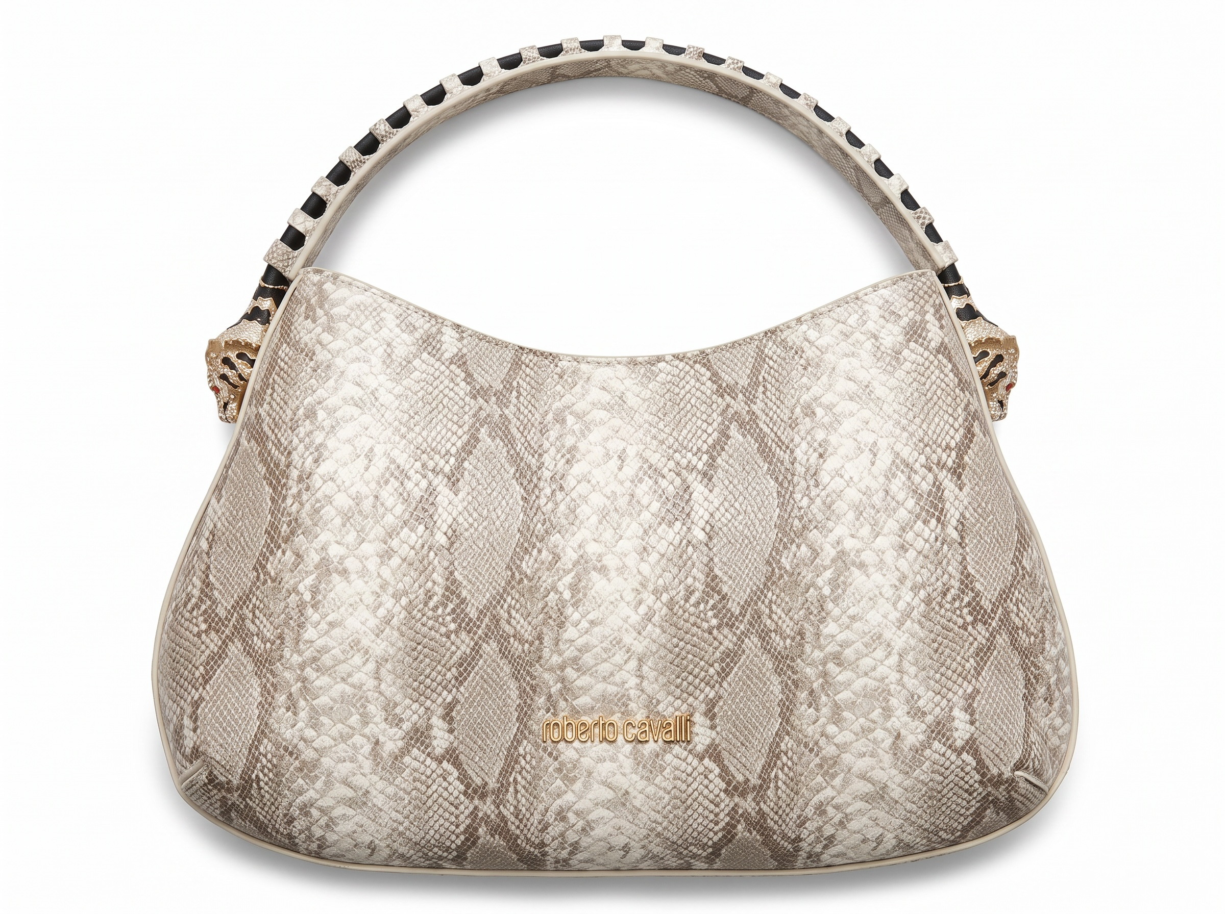 Roberto Cavalli Python Print Hobo Shoulder Bag – Beige