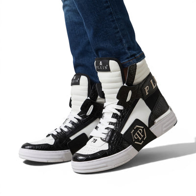 ⚫⚪ Philipp Plein “78” Croc-Embossed High-Top Sneakers – Monochrome Power 👟