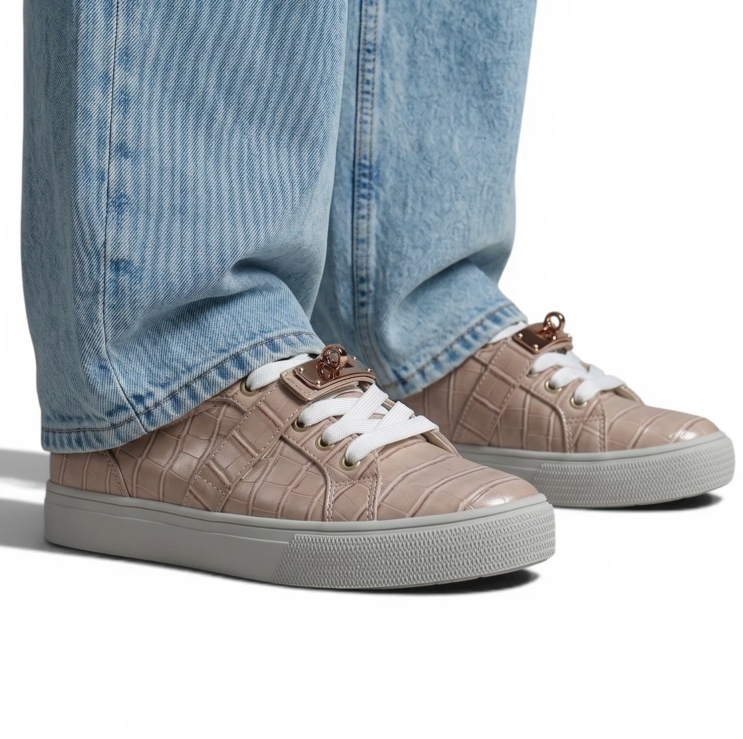 Hermès Beige Croc-Embossed Sneakers with Gold Lock 🤍✨