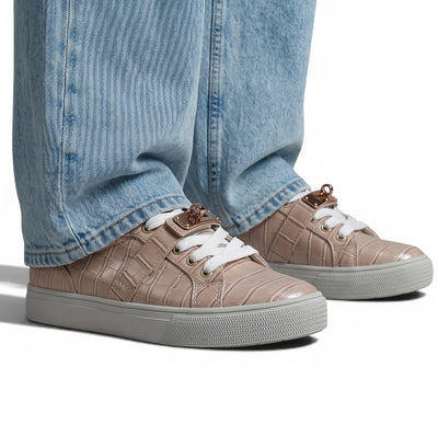 Hermès Beige Croc-Embossed Sneakers with Gold Lock