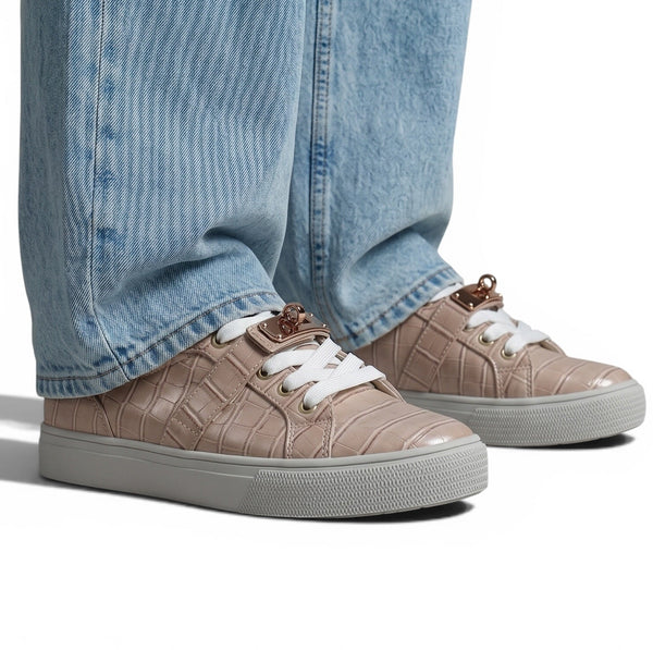 Hermès Beige Croc-Embossed Sneakers with Gold Lock