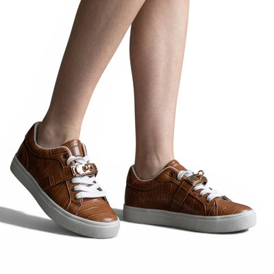 Hermès Brown Croc-Embossed Sneakers with Gold Lock Detail