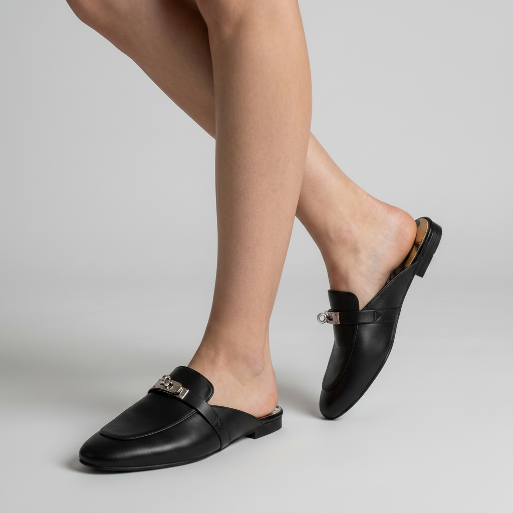 🔥 Hermès-Inspired Leather Mules – Black Luxury Edition 🔥