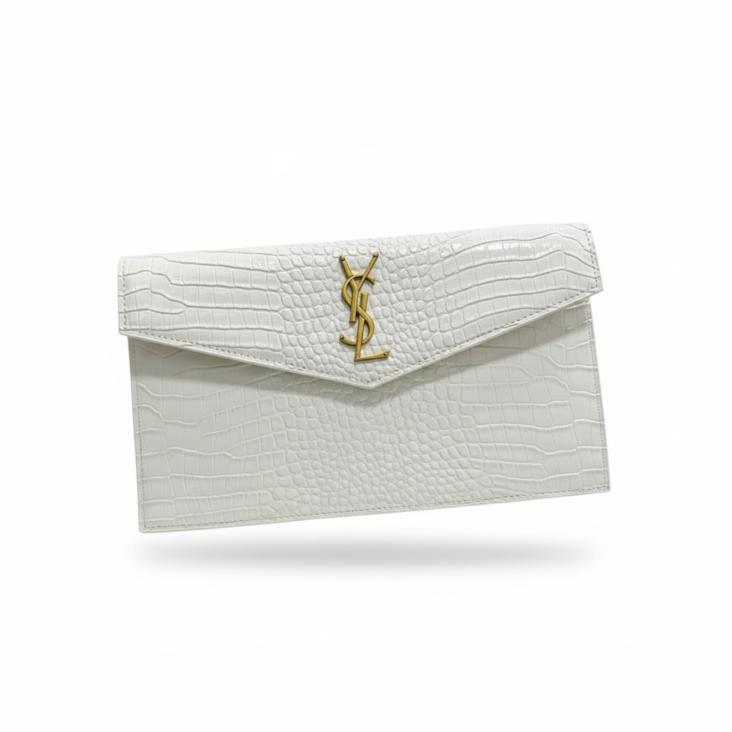 White Croc-Embossed Envelope Clutch with Gold YSL Monogram 🤍✨