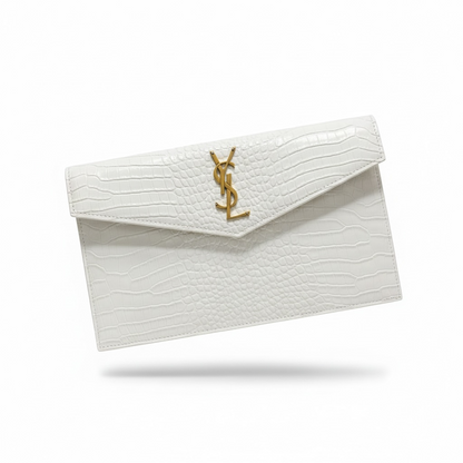 White Croc-Embossed Envelope Clutch with Gold YSL Monogram 🤍✨