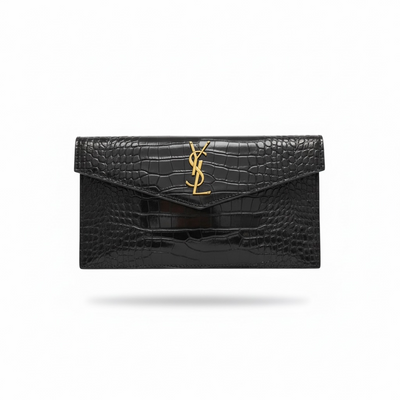 Saint Laurent YSL Croc Embossed Envelope Clutch – Black & Gold 🐊✨ | Luxury Evening Bag