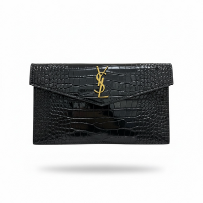 Saint Laurent YSL Croc Embossed Envelope Clutch – Black & Gold 🐊✨ | Luxury Evening Bag