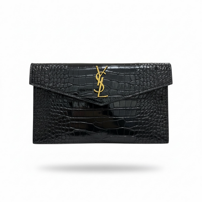 Saint Laurent YSL Croc Embossed Envelope Clutch – Black & Gold 🐊✨ | Luxury Evening Bag