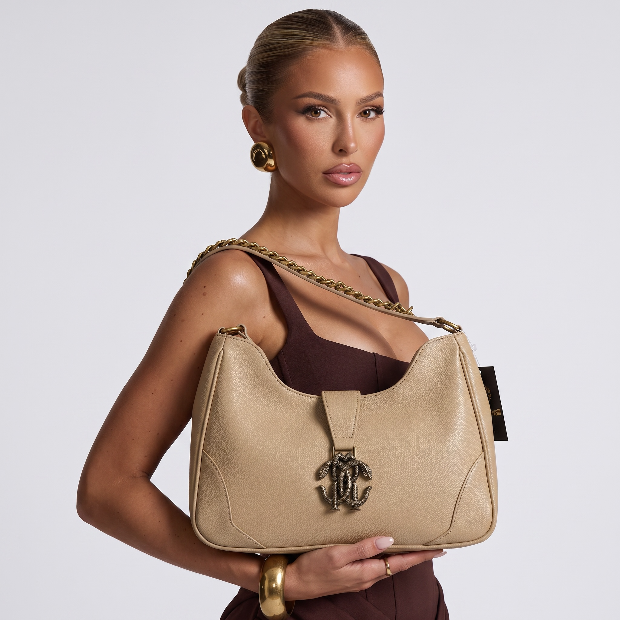 ROBERTO CAVALLI RC Monogram Shoulder Bag – Beige 🤍✨ | Elegant Everyday Luxury