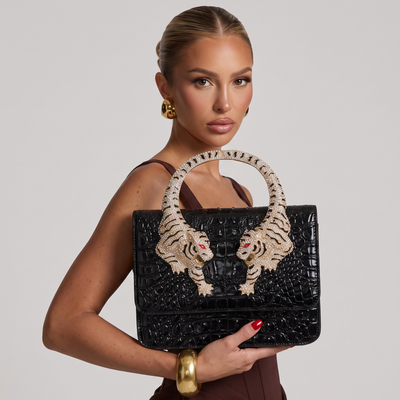 👜 Roberto Cavalli Black Crocodile-Effect Top Handle Bag with Tiger Head Handle