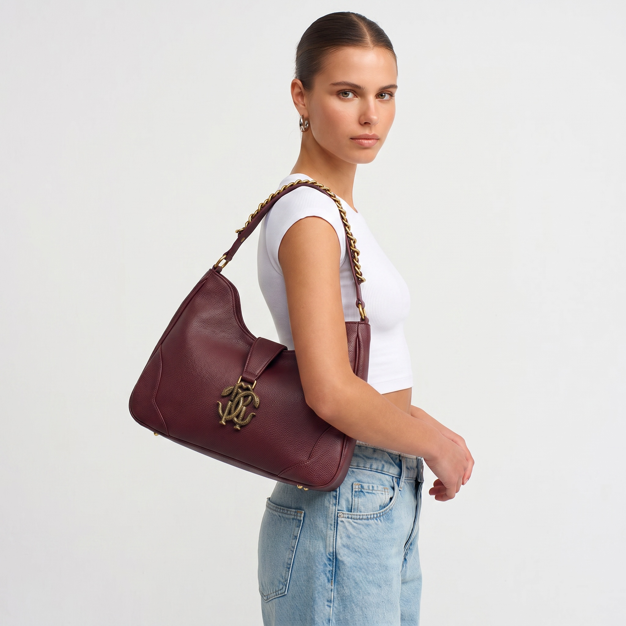 ROBERTO CAVALLI RC Monogram Shoulder Bag – Café Burgundy 🤎🍷 | Bold Luxury Edge