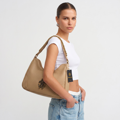 ROBERTO CAVALLI RC Monogram Shoulder Bag – Beige 🤍✨ | Elegant Everyday Luxury