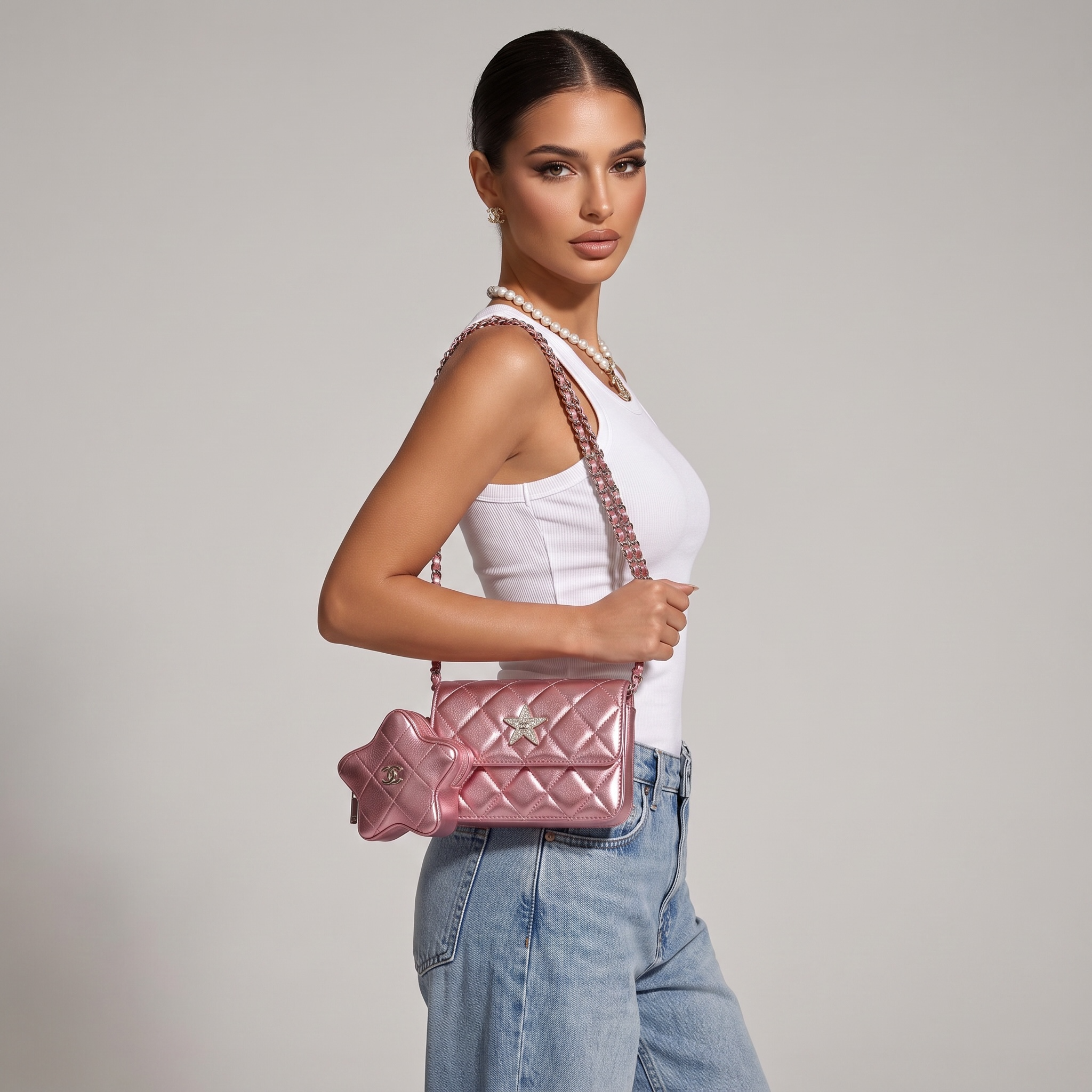Chanel Quilted Metallic Pink Mini Flap Set – Star Detail & Matching Pouch 💗✨