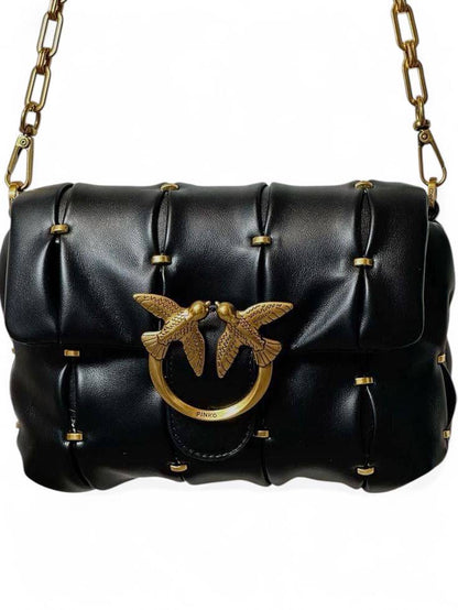 Pinko Black Leather Handbag with Quilted Knot Design and Gold Love Birds