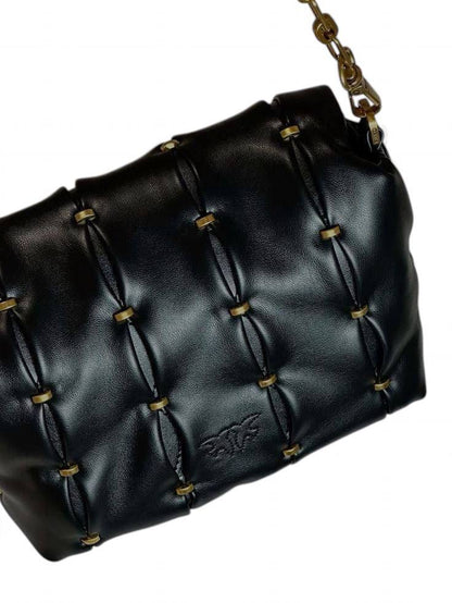 Pinko Black Leather Handbag with Quilted Knot Design and Gold Love Birds