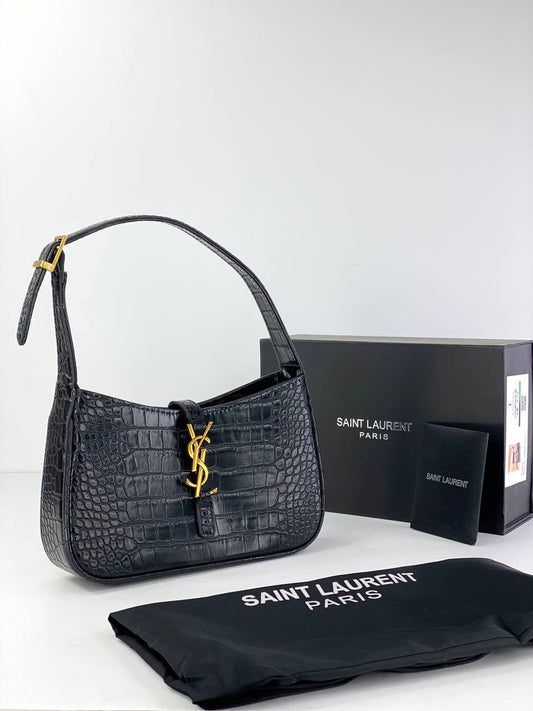 Saint Laurent Croc-Embossed Black Leather Shoulder Bag with Gold YSL Logo