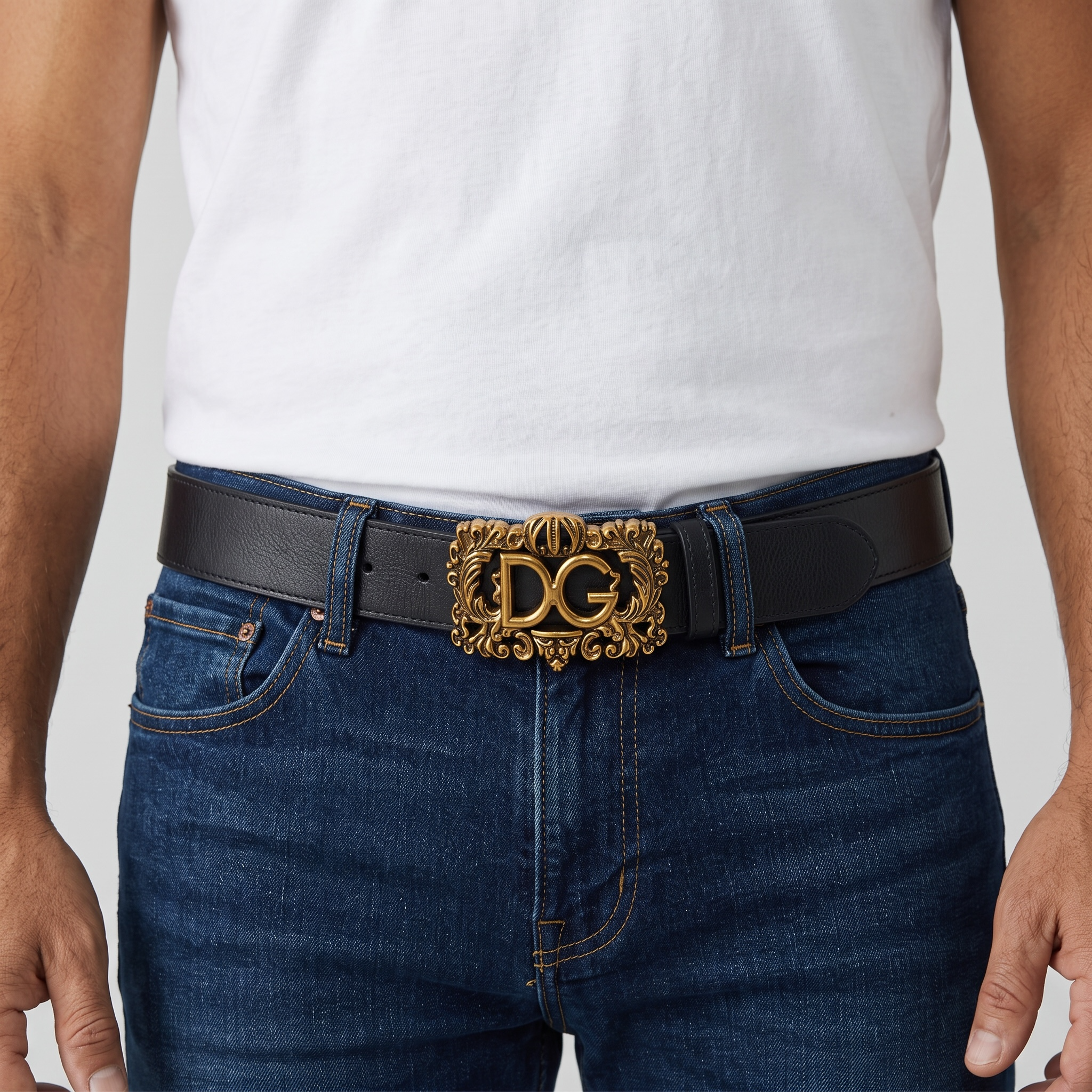 🖤 Dolce & Gabbana Black Leather Belt Gold Baroque DG Buckle  Luxury Men’s Belt