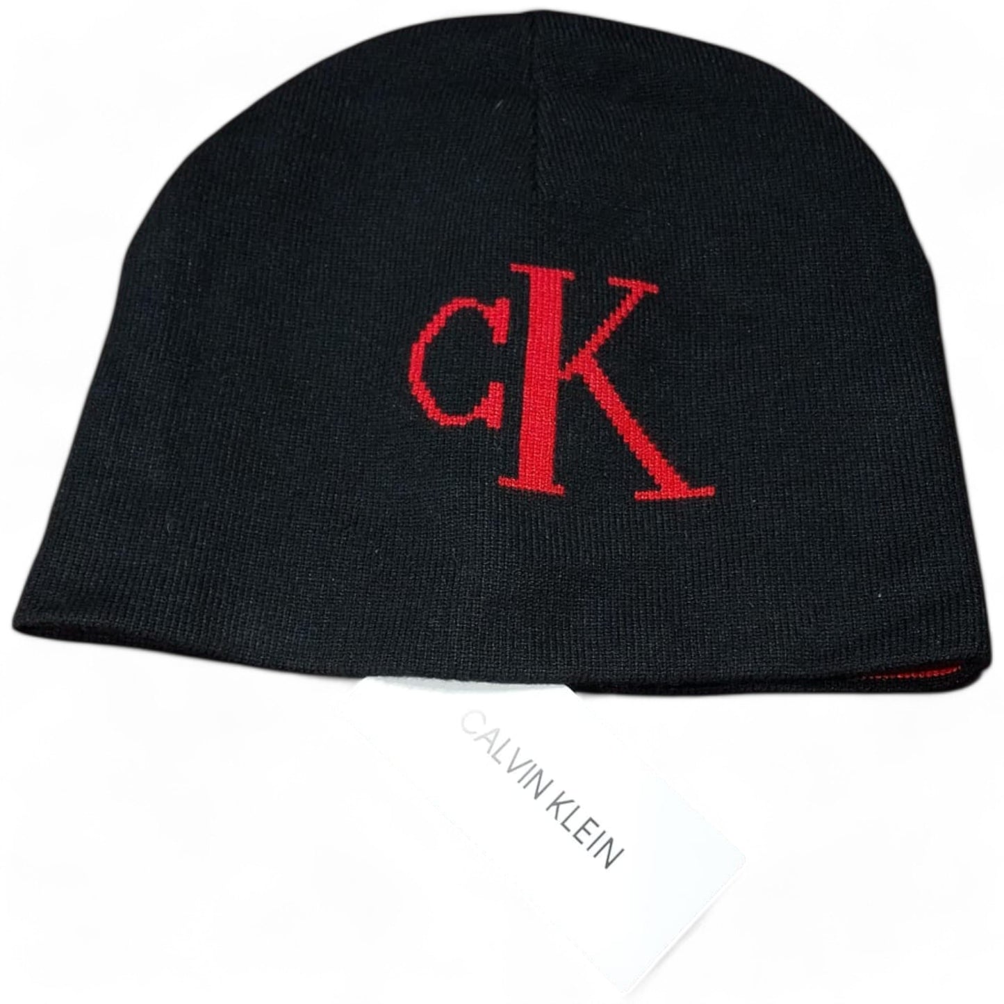 Calvin Klein Black Knit Beanie with Bold Red Logo