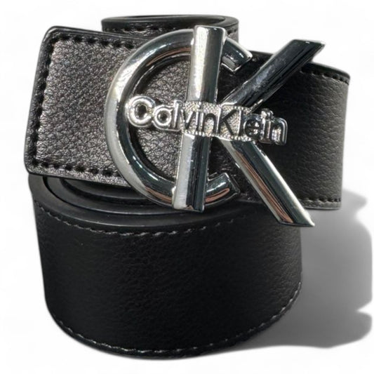 Calvin Klein Black Leather Belt with Silver "CK" Logo Buckle