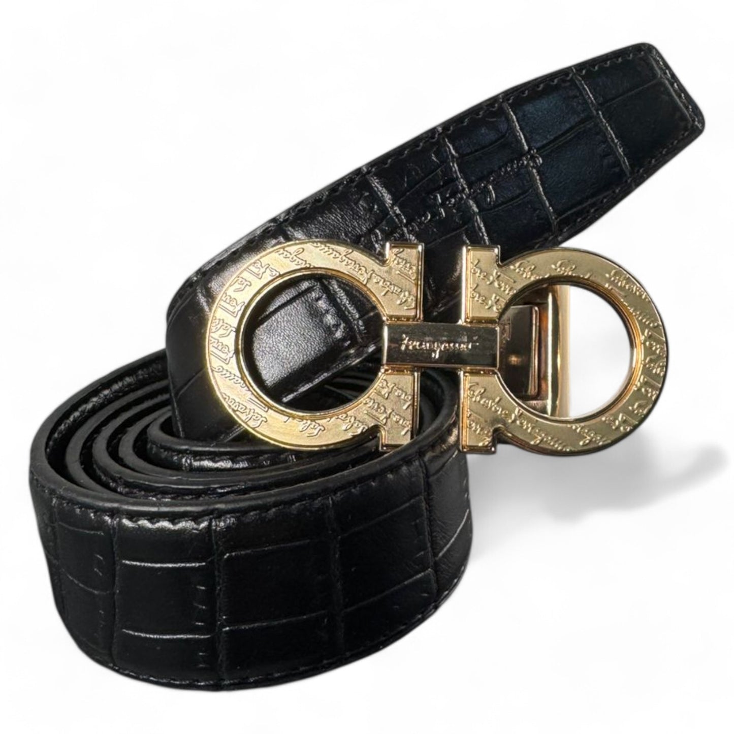 Salvatore Ferragamo Black Croc-Embossed Leather Belt with Gold Double Gancini Buckle