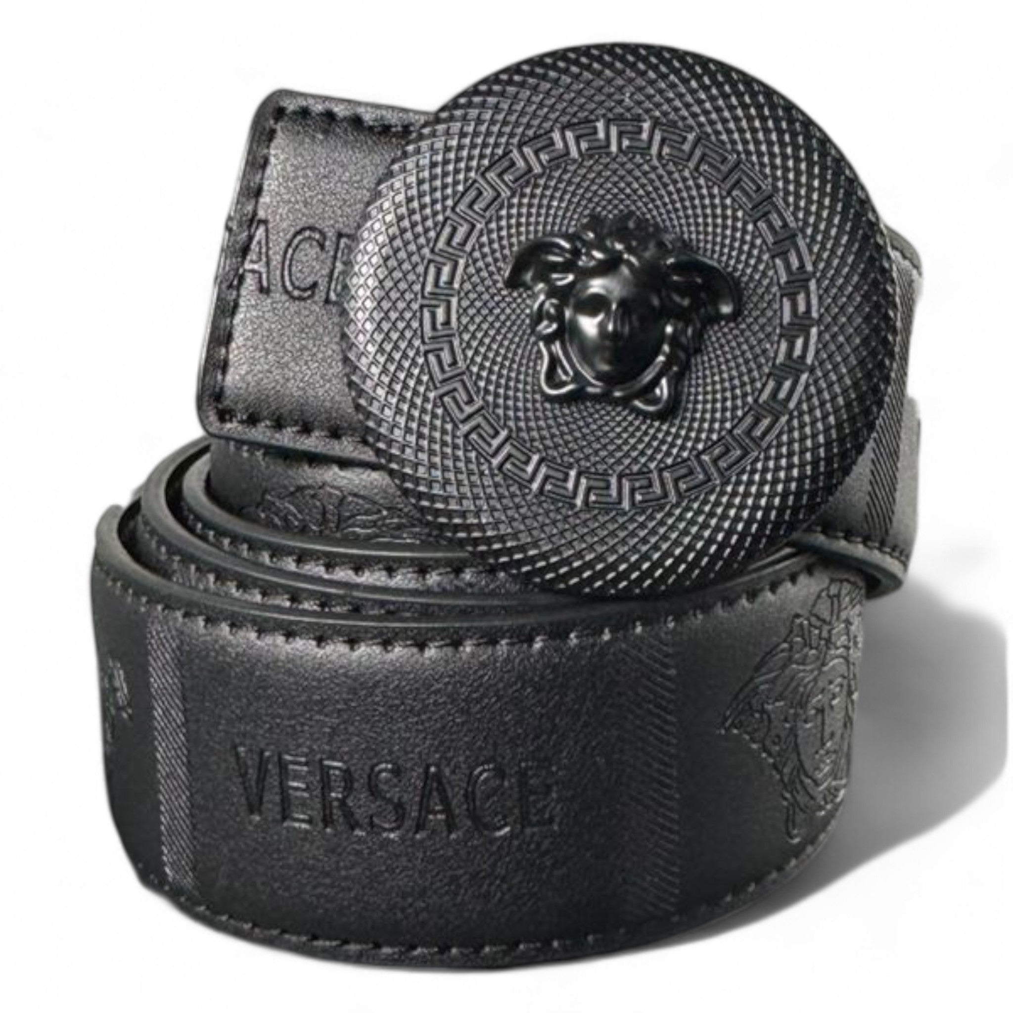 Versace Black Leather Belt with Medusa Round Buckle
