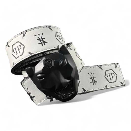 Philipp Plein Panther Buckle Printed White Leather Belt