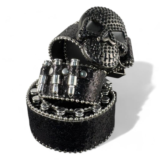 Studded Black Skull Design Leather Belt