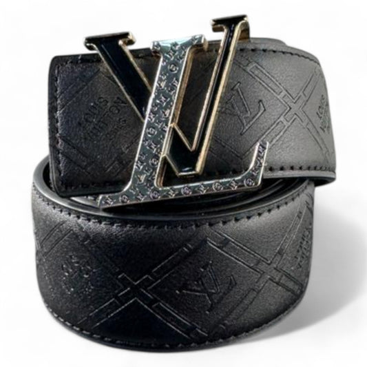 Louis Vuitton Embossed Black Leather Belt with Monogrammed LV Buckle