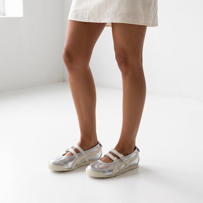 Onitsuka Tiger silver Mary-Jane style low-profile sneakers with cream stripes and double buckle straps