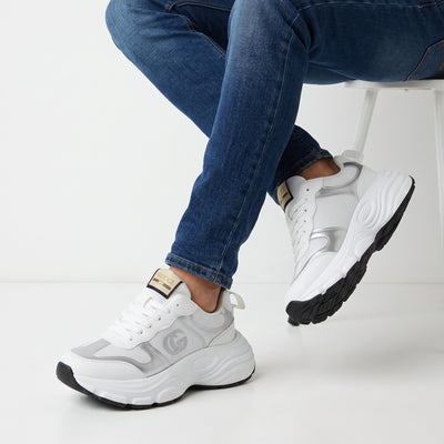 White and silver Gucci chunky sneakers with GG logo and platform sole