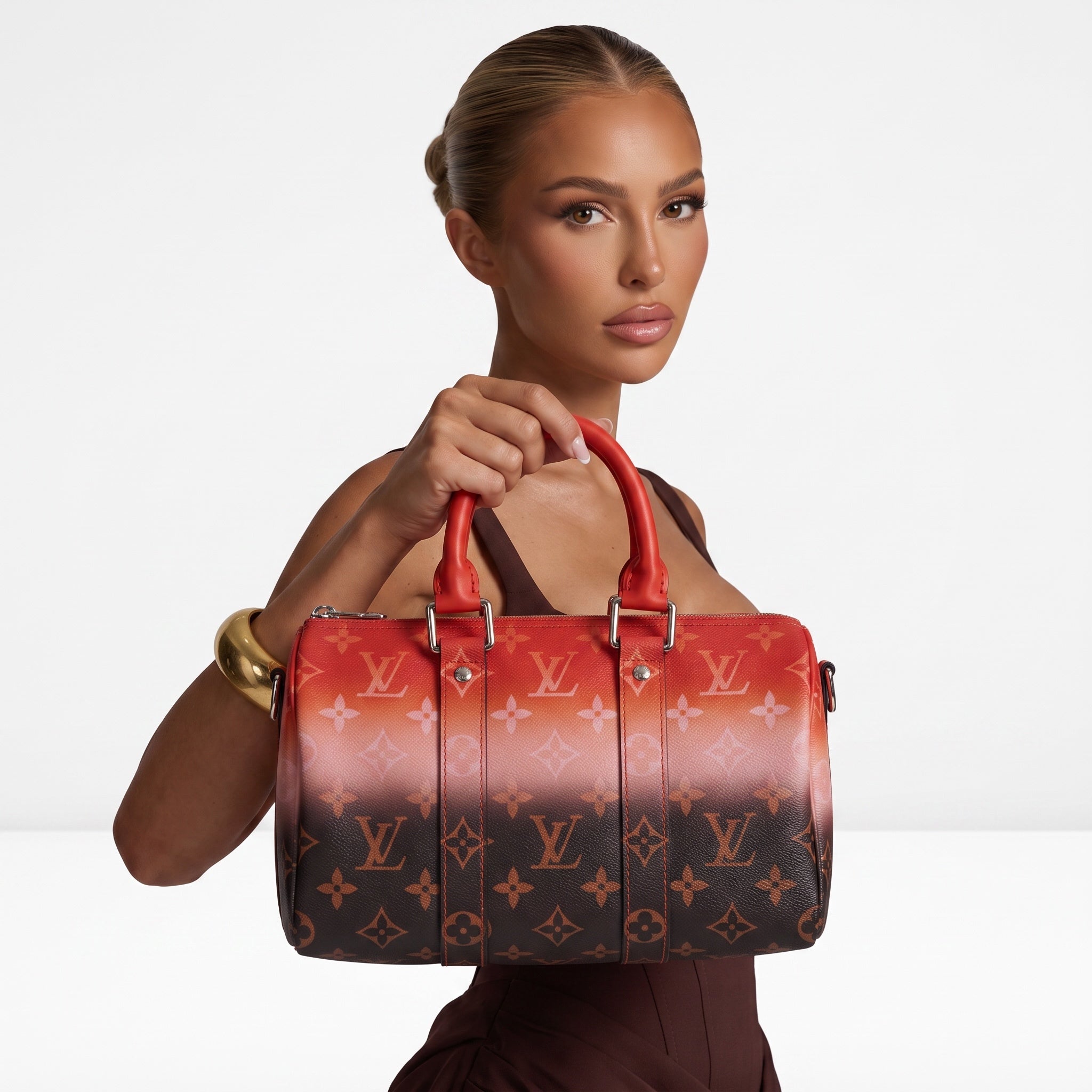 Louis Vuitton barrel top-handle bag with red to brown ombre monogram