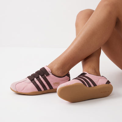 Pink adidas Tokyo low-top sneakers with brown stripes and gum sole