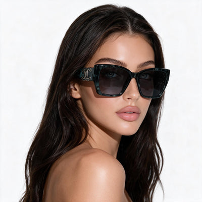 Chanel oversized green tortoise cat-eye sunglasses with double C logo on temples
