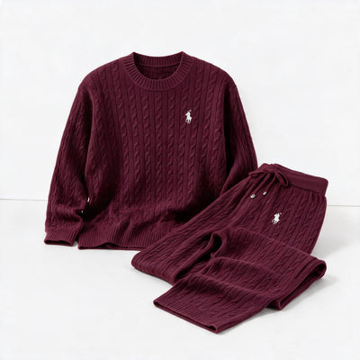 Ralph Lauren burgundy cable knit sweater and matching drawstring trousers with embroidered pony logo