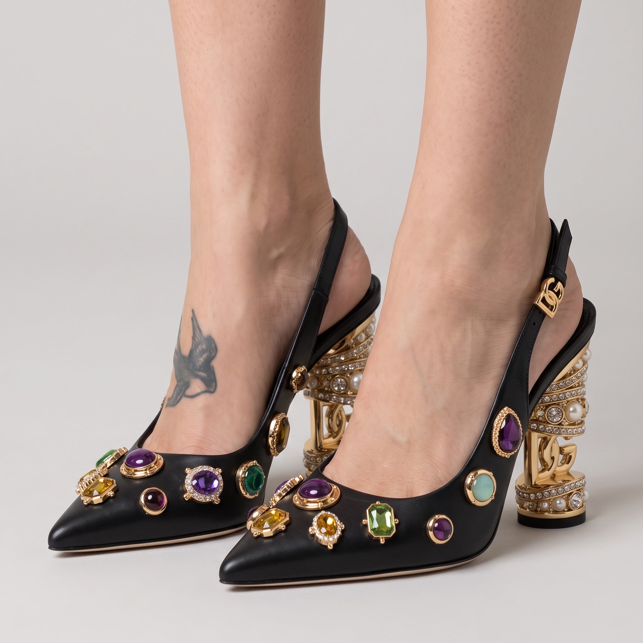 Black slingback pumps with multicolour jewel studs and ornate gold-tone sculptural heel