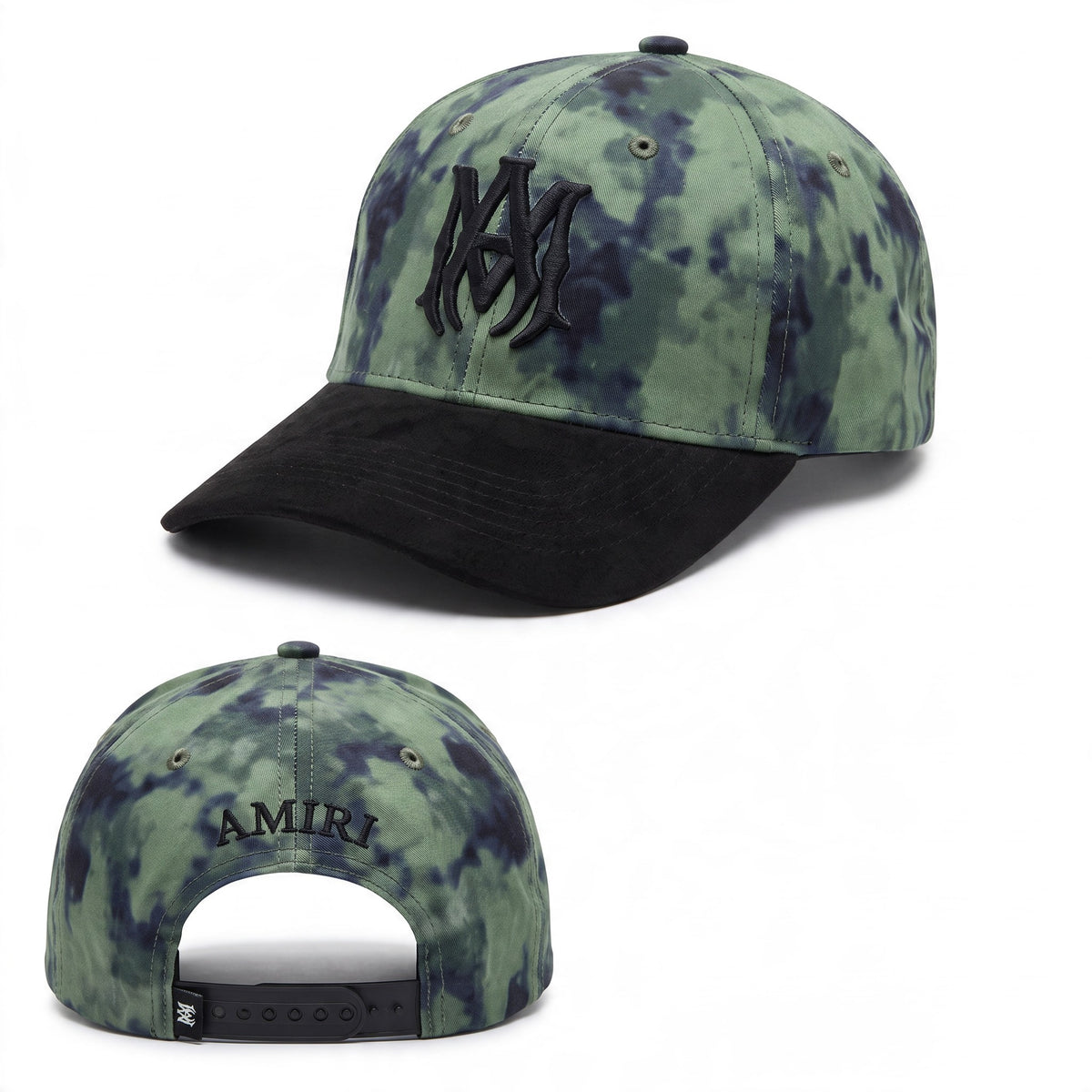 Green tie-dye Amiri baseball cap with black embroidered logo and black brim