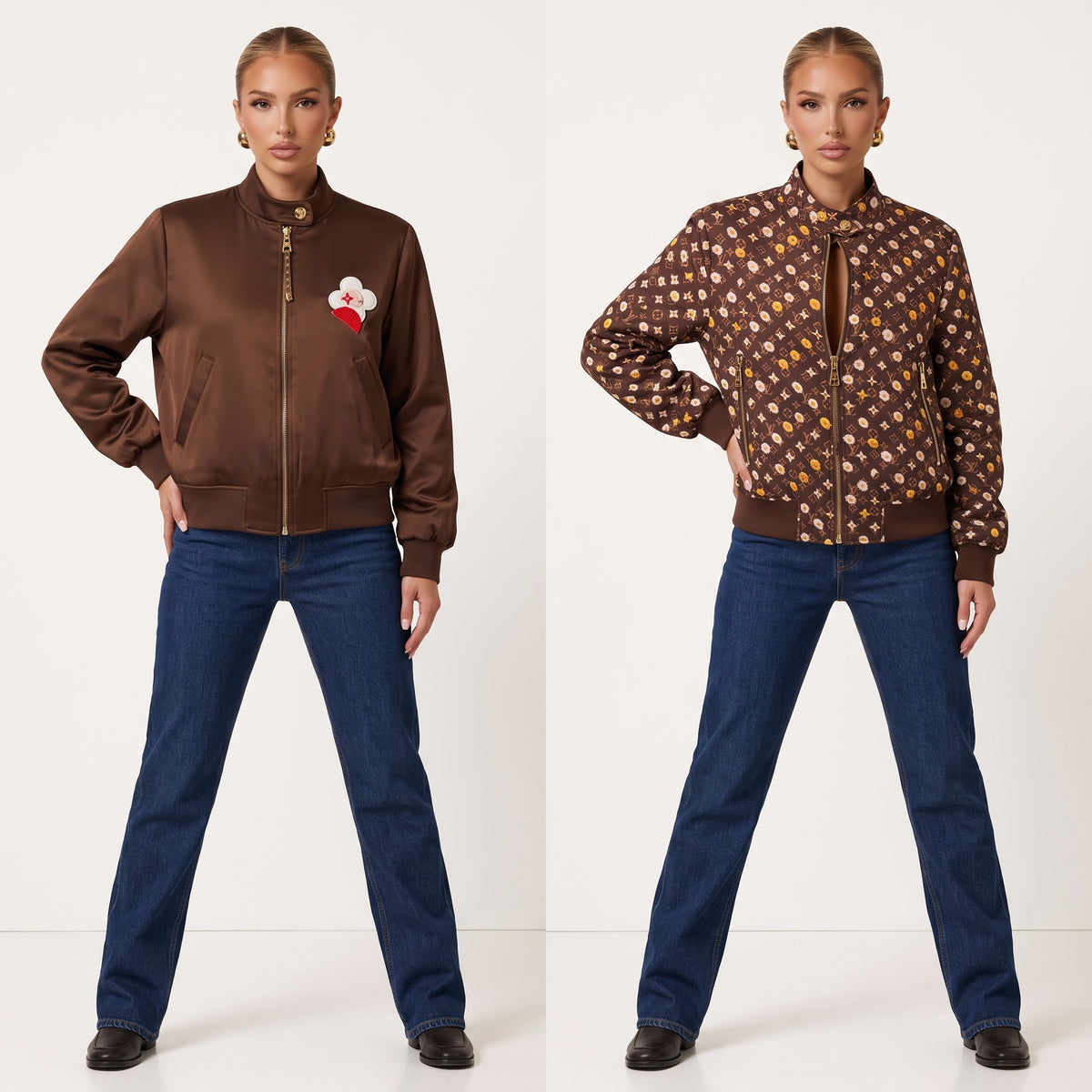 brown reversible bomber jacket with monogram floral print and gold zipper