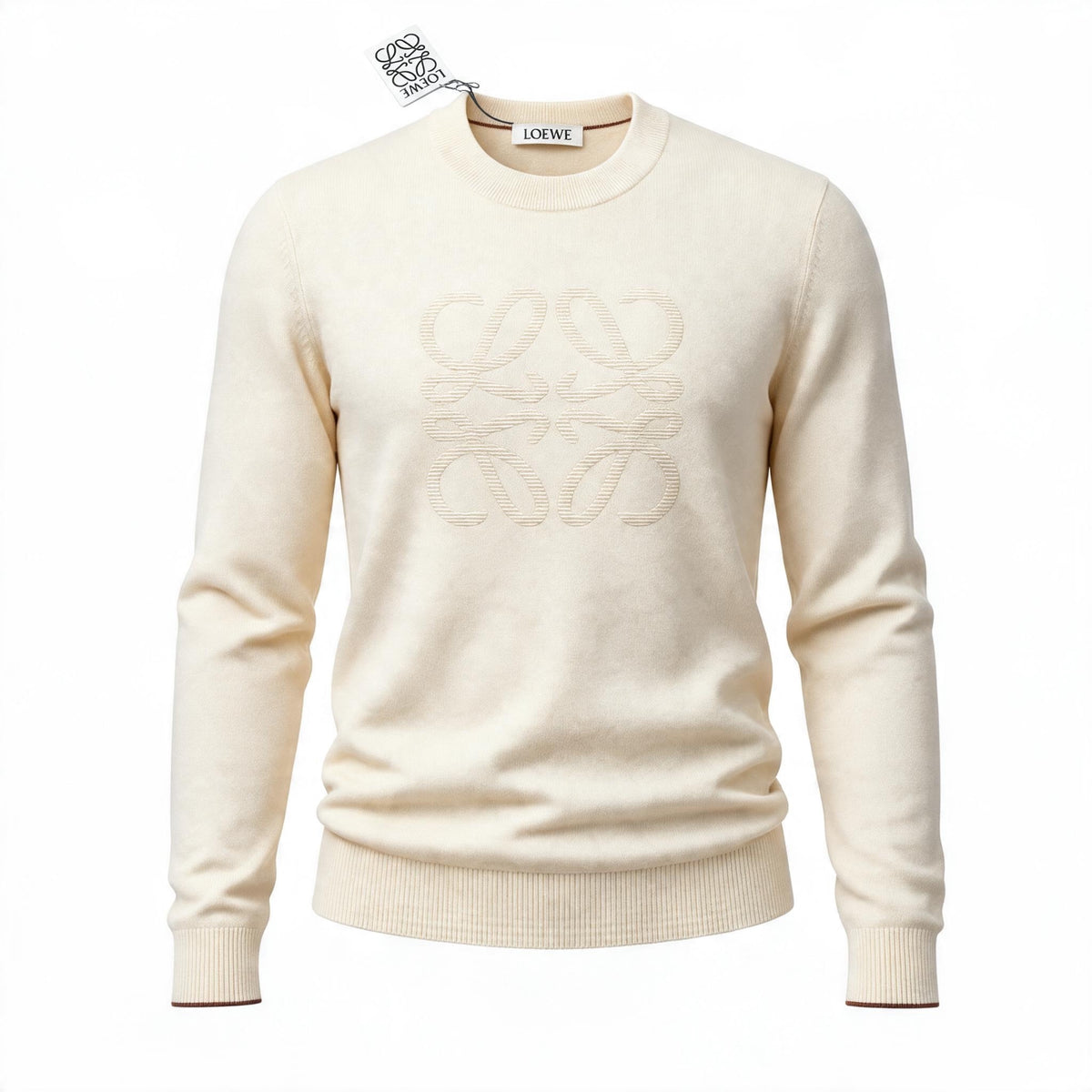 Loewe cream crewneck sweatshirt with tonal embroidered Anagram logo and ribbed cuffs