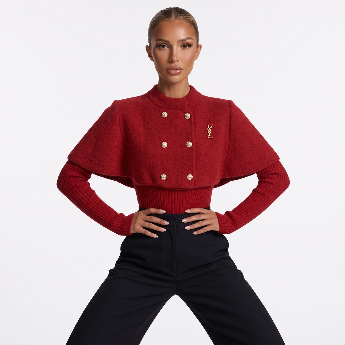 Saint Laurent red cropped cape sweater with gold YSL plaque and double-breasted buttons