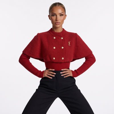 Saint Laurent red cropped cape sweater with gold YSL plaque and double-breasted buttons