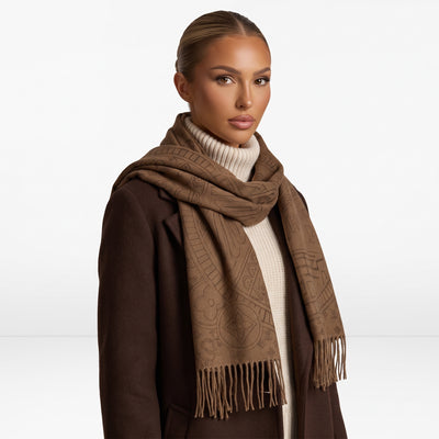 Brown Louis Vuitton monogram fringed shawl wrapped on model