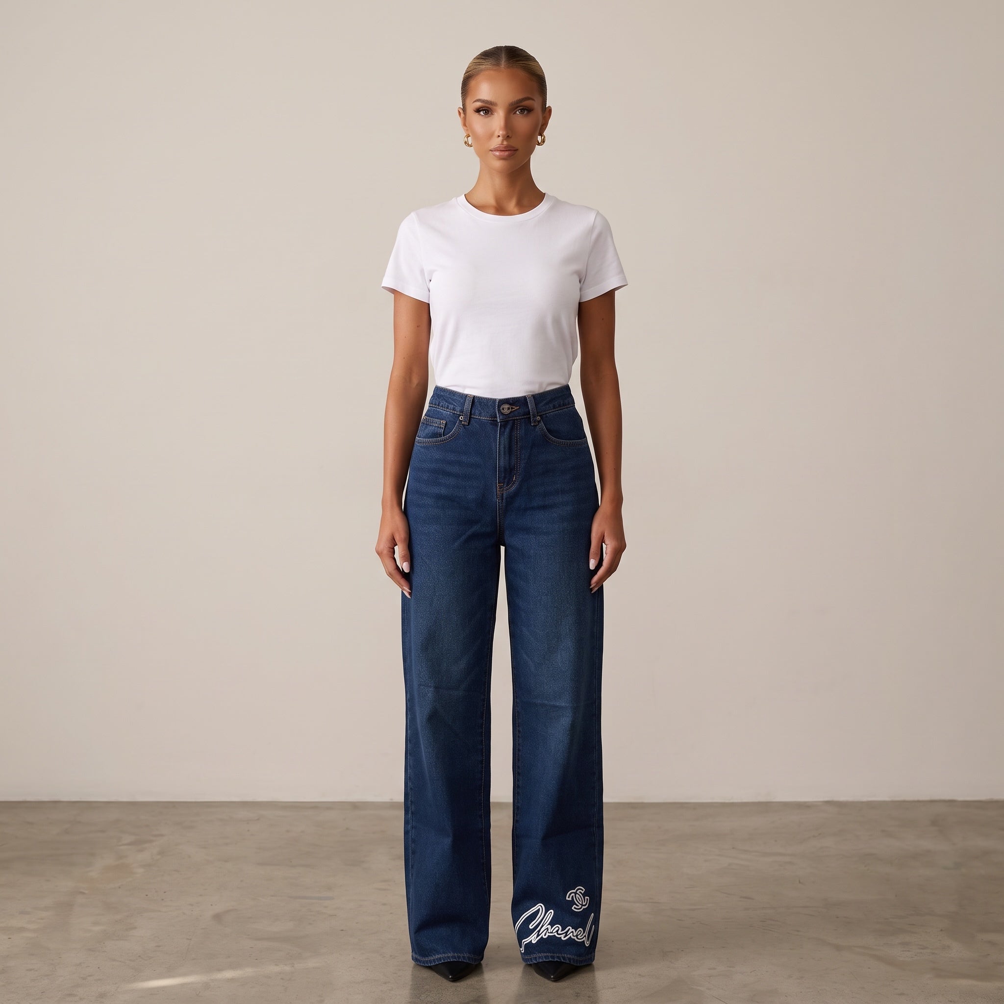 white fitted crew neck t-shirt on model