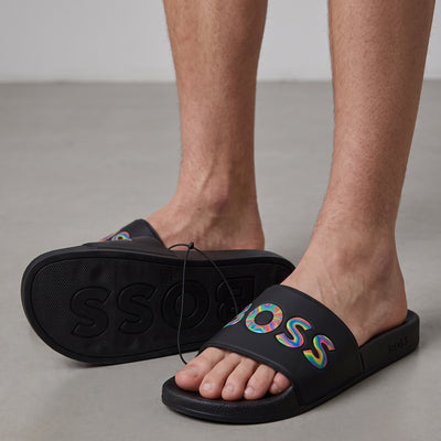 Black BOSS slide with multicolour raised logo on strap