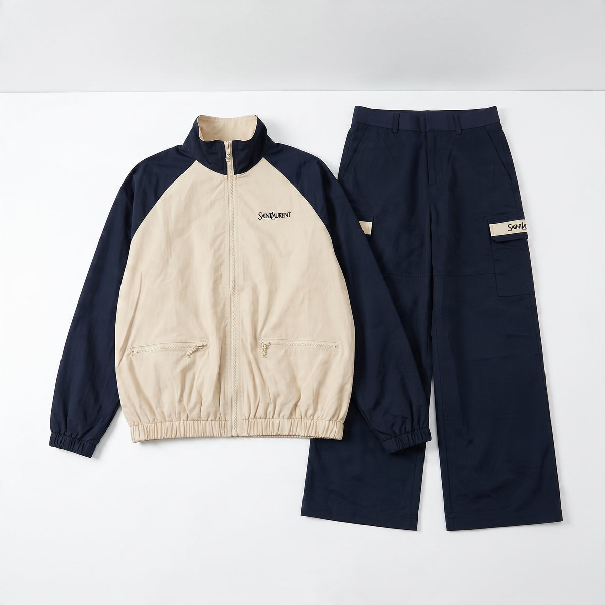 Saint Laurent beige and navy track jacket with cargo trousers laid flat and on model