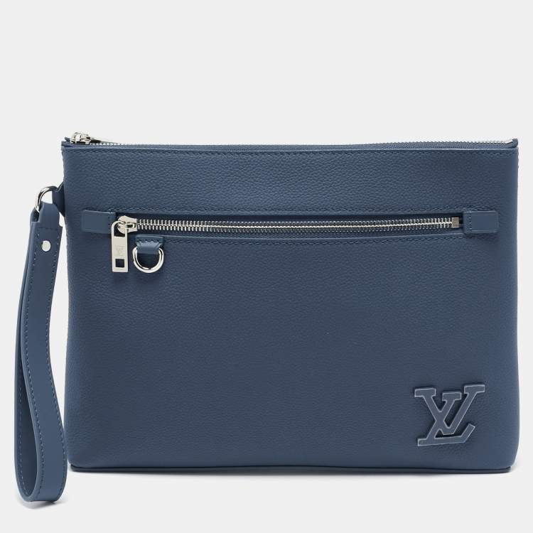 navy Louis Vuitton pouch with front zip pocket and wrist strap