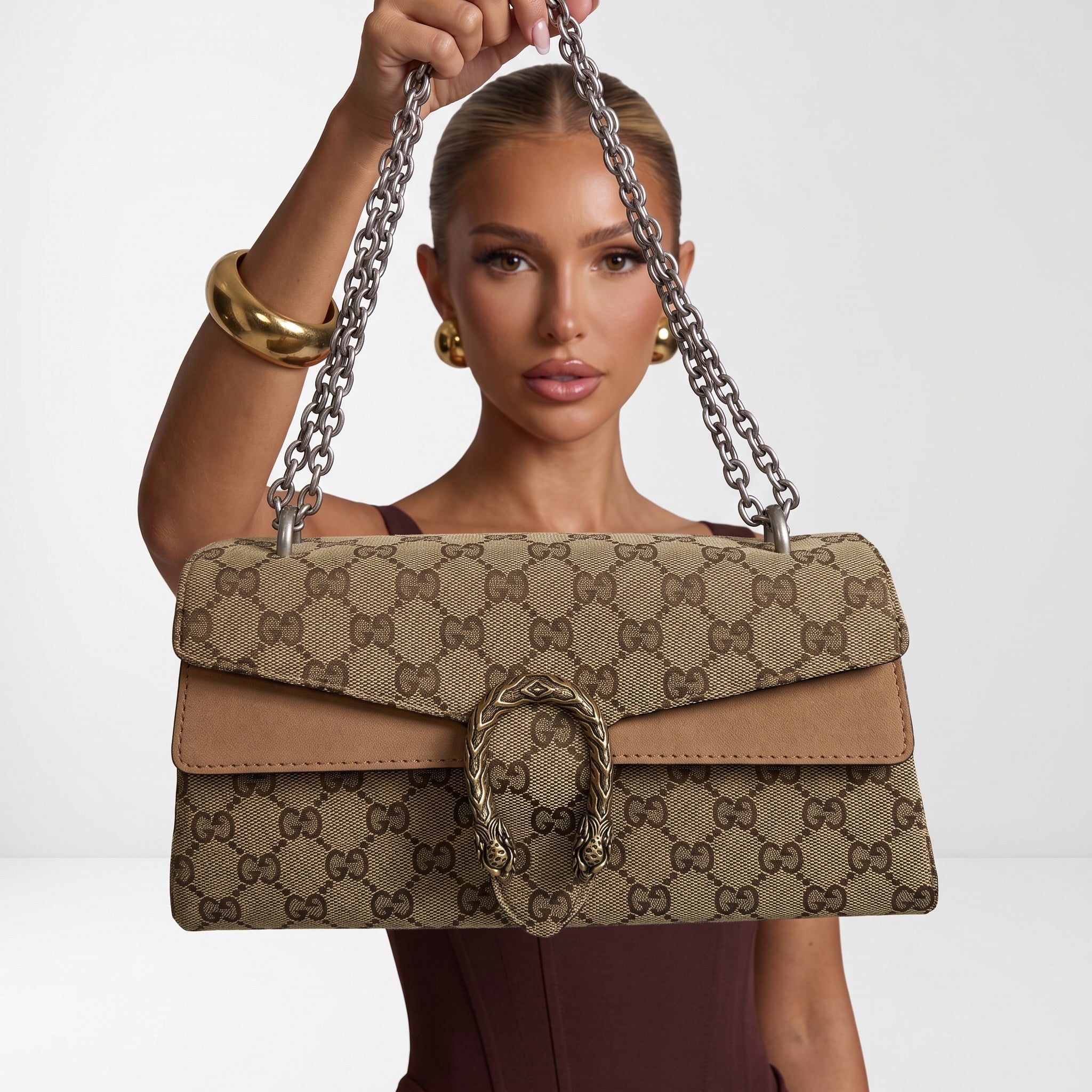 Gucci Dionysus small shoulder bag in beige monogram with double chain handle and tiger head buckle