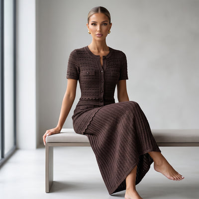 chocolate brown knit cardigan-style midi dress with pleated skirt and patch pockets